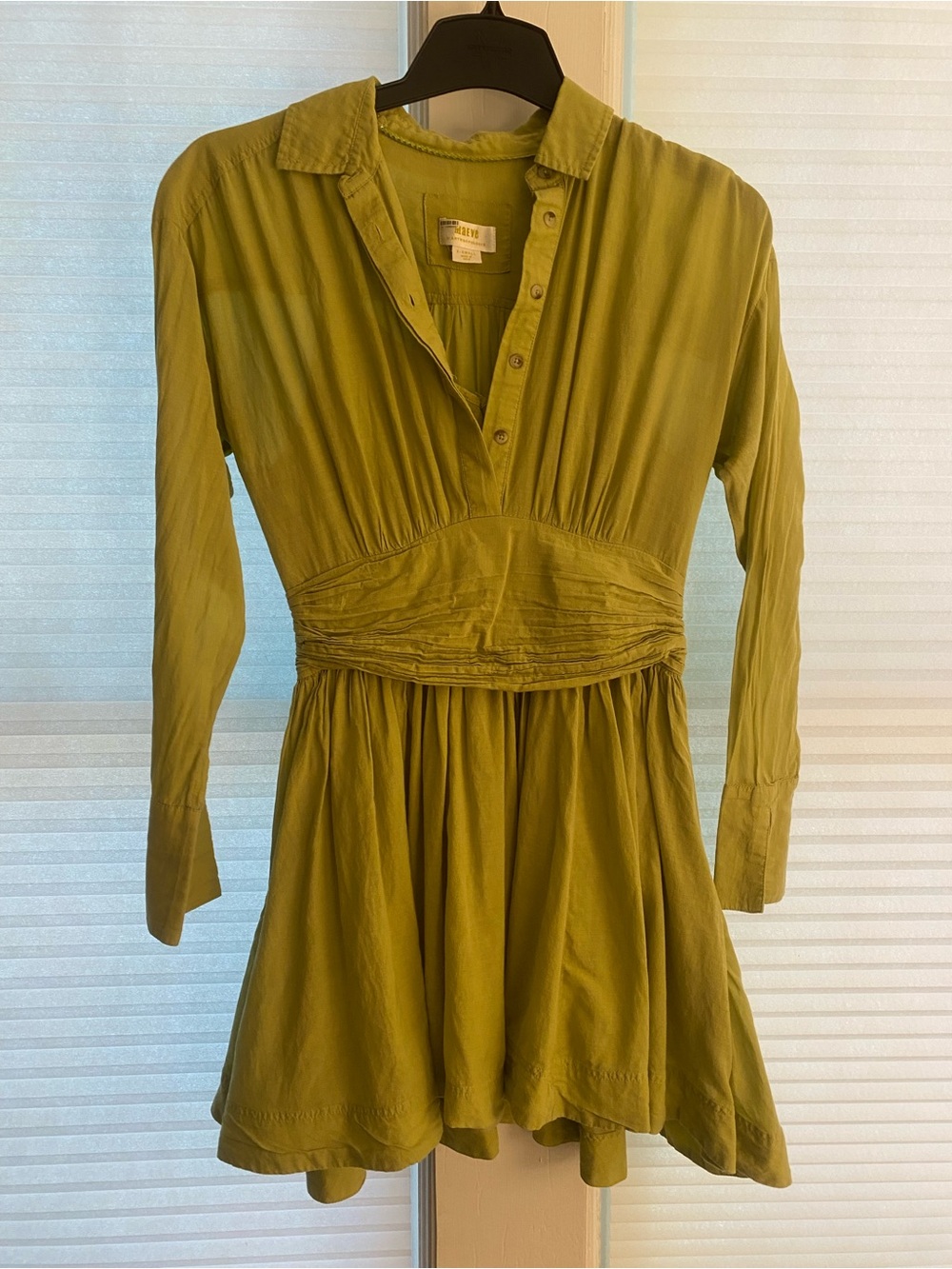 Anthropologie Green Long Sleeve Gathered-Waist Dress